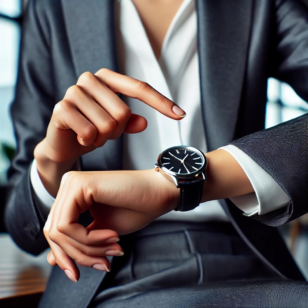 A professional female business executive tapping her wristwatch.